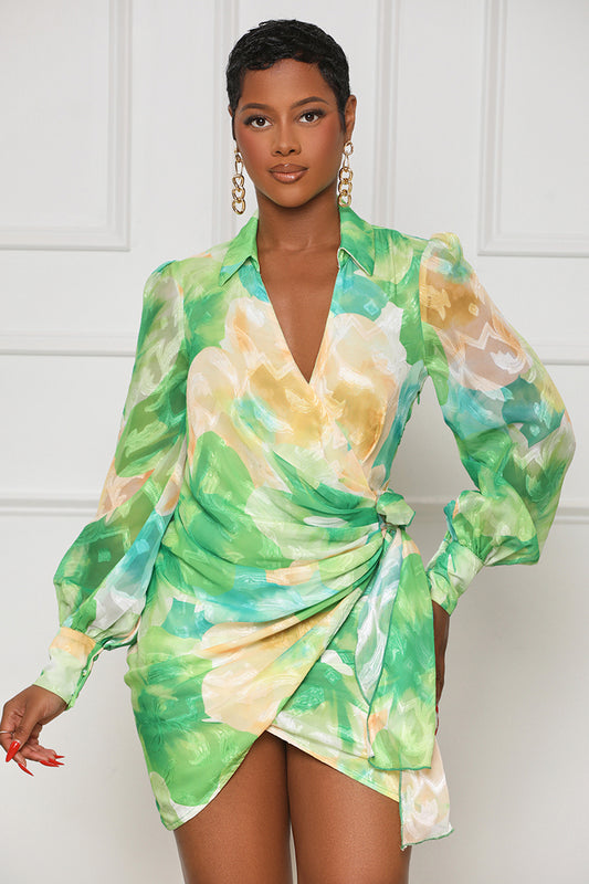 Almost Famous Faux Wrap Dress (Green Multi) - Lilly's Kloset