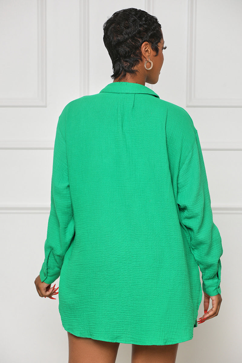 Long Sleeve Linen Button Down Top (Green) - Lilly's Kloset