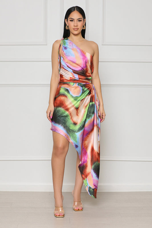Party Seeker Watercolor One Shoulder Dress (Pink  Multi) - Lilly's Kloset