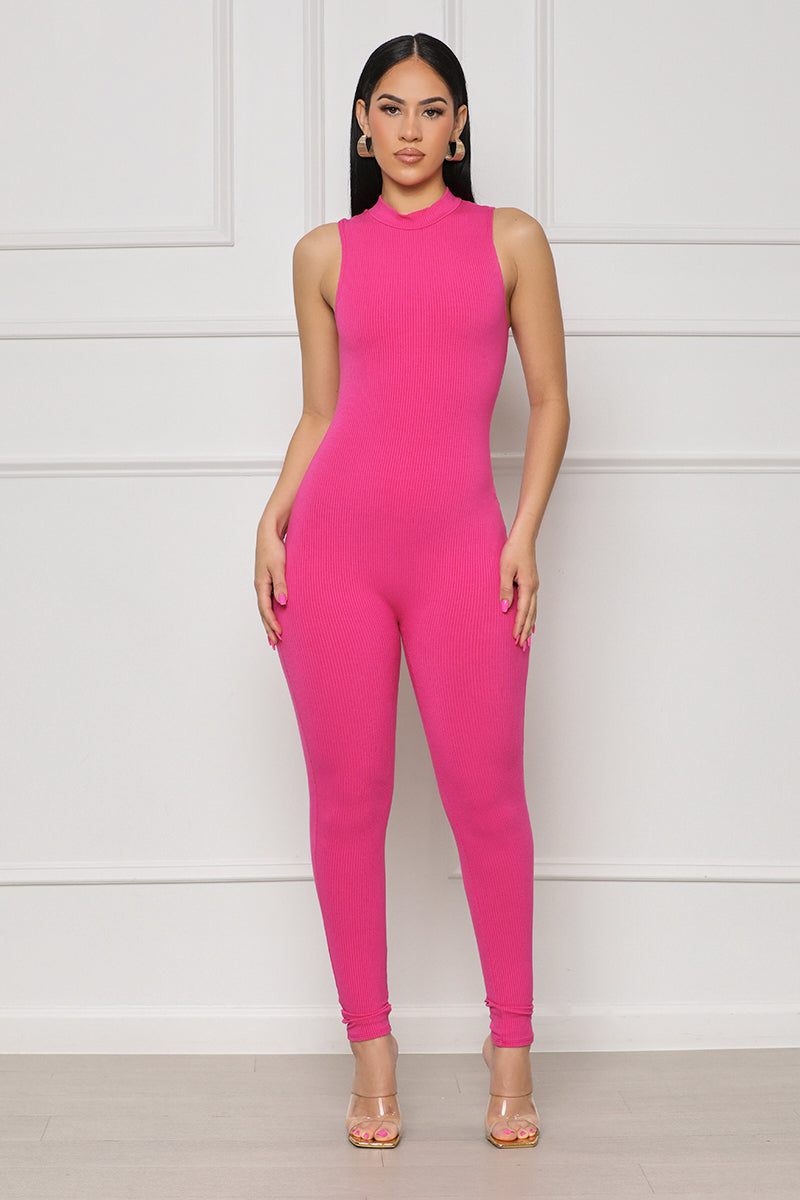 Sleek Contour Ribbed Jumpsuit (Hot Pink) - Lilly's Kloset