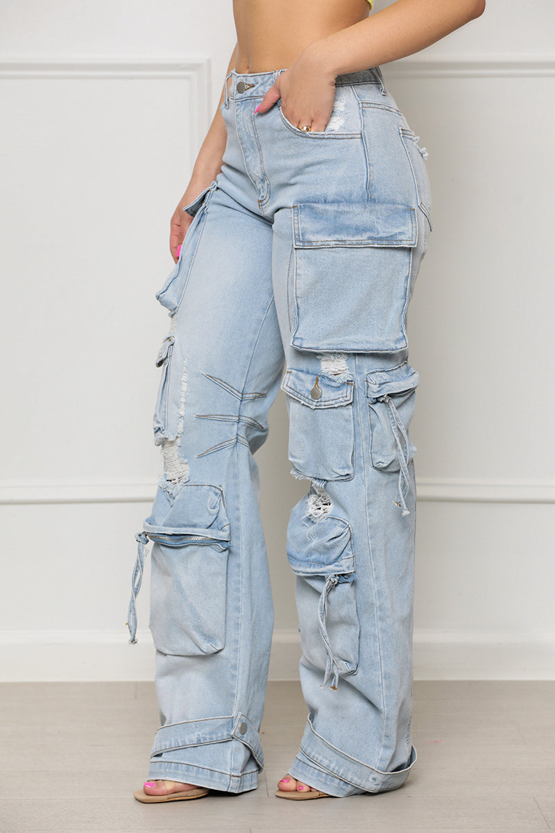 Always On Go Distressed Cargo Jeans (Light Wash) - Lilly's Kloset