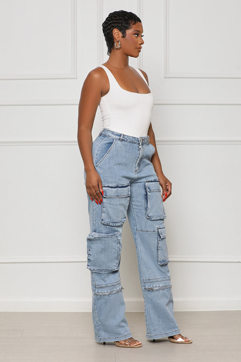 Stand Out Cargo Jeans (Medium Wash) - Lilly's Kloset