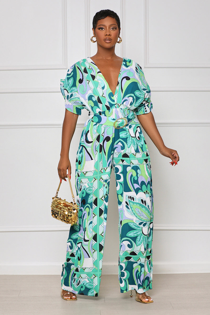 Summer Blooming Plisse Jumpsuit (Green Multi) - Lilly's Kloset