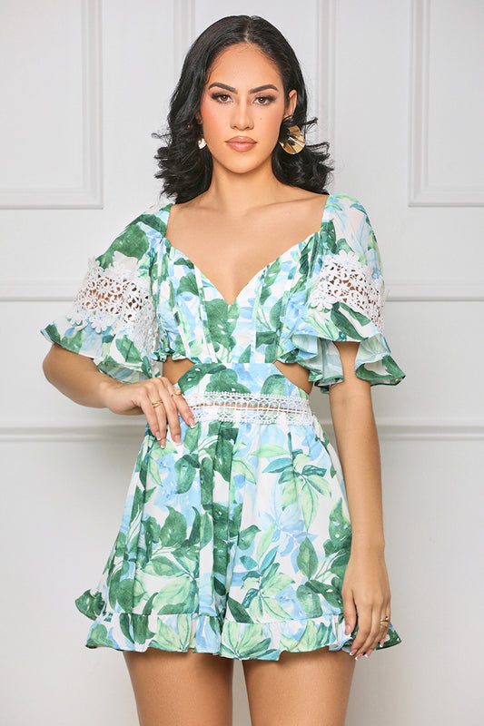 Bring Me Flowers Cut Out Romper (Green Multi) - Lilly's Kloset