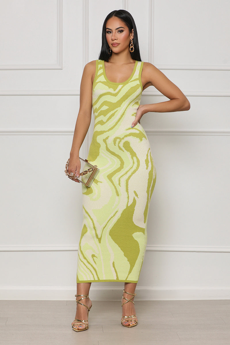 Meant For Me Abstract Midi Dress (Green Multi) - Lilly's Kloset
