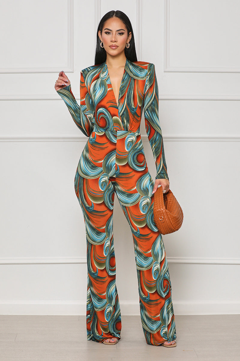 Cosmic Flare Plunge Jumpsuit (Green Multi) - Lilly's Kloset