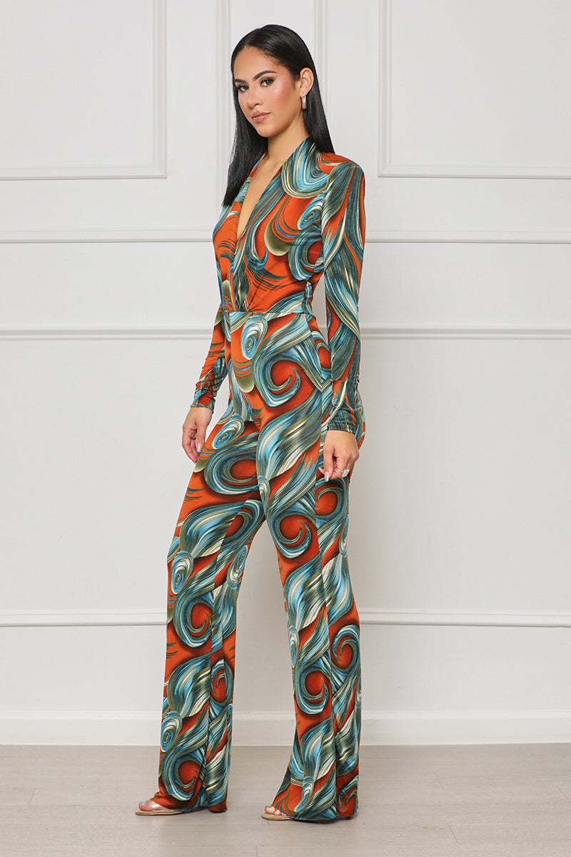 Cosmic Flare Plunge Jumpsuit (Green Multi) - Lilly's Kloset