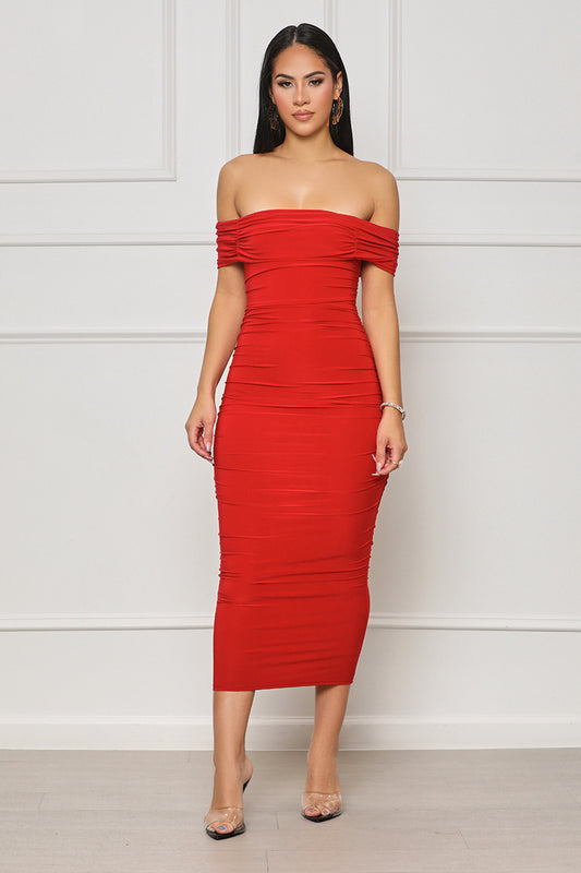 Chic Radiance Off The Shoulder Midi Dress (Red) - Lilly's Kloset
