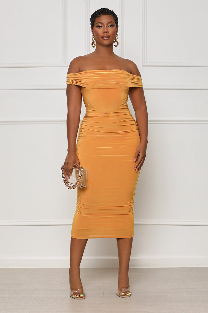 Chic Radiance Off The Shoulder Midi Dress (Yellow) - Lilly's Kloset
