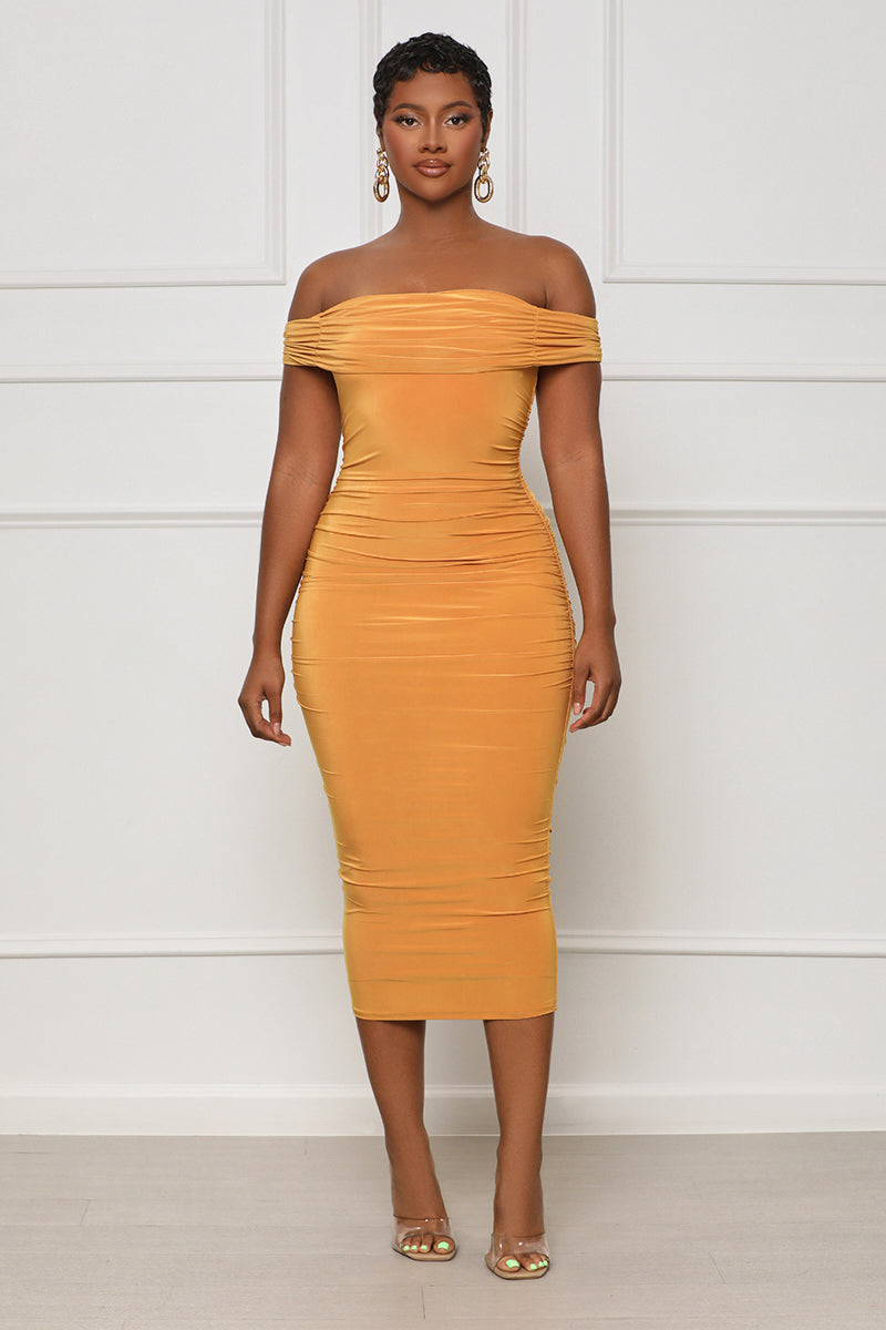 Chic Radiance Off The Shoulder Midi Dress (Yellow) - Lilly's Kloset