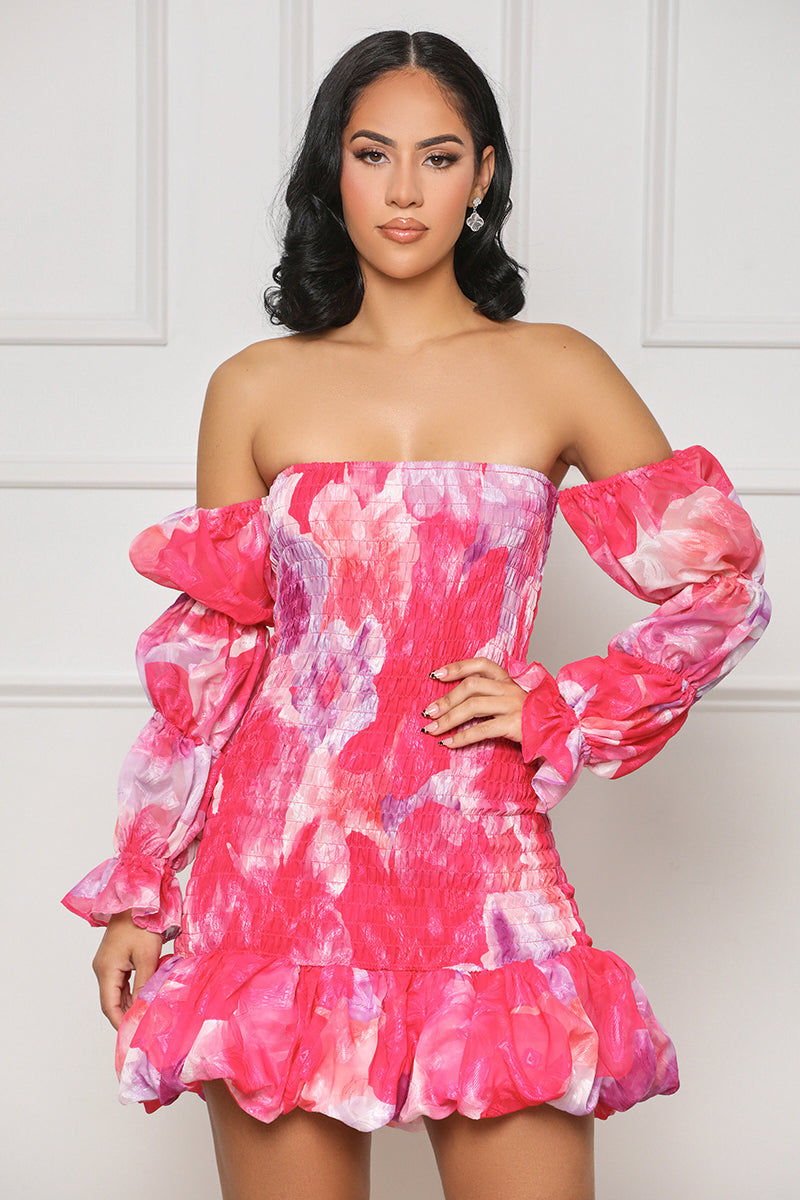 Your Muse Poof Sleeve Mini Dress (Pink Multi) - Lilly's Kloset