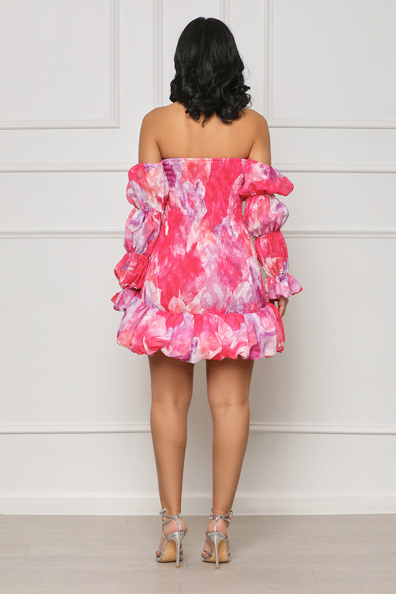 Your Muse Poof Sleeve Mini Dress (Pink Multi) - Lilly's Kloset