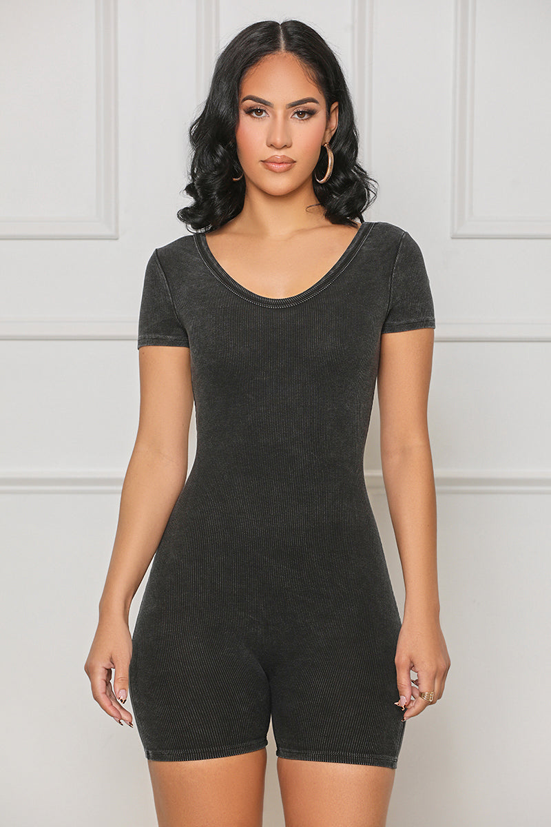 Backless Contour Ribbed Romper (Black) - Lilly's Kloset