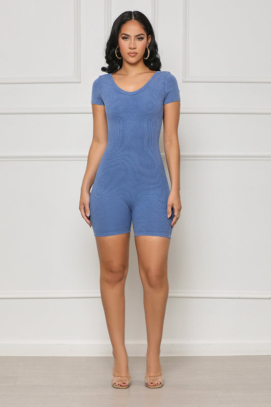 Backless Contour Ribbed Romper (Blue) - Lilly's Kloset