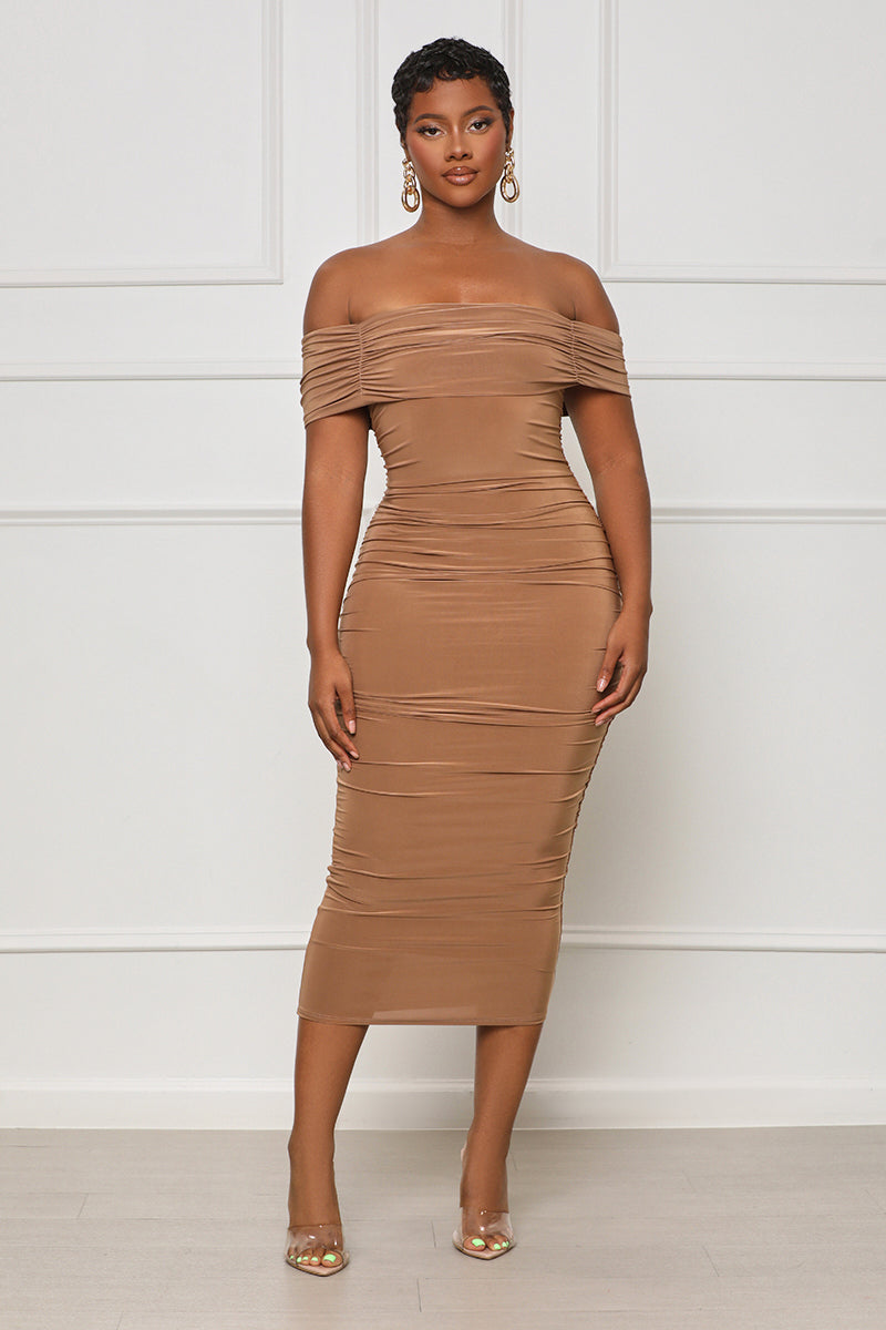 Chic Radiance Off The Shoulder Midi Dress (Nude) - Lilly's Kloset