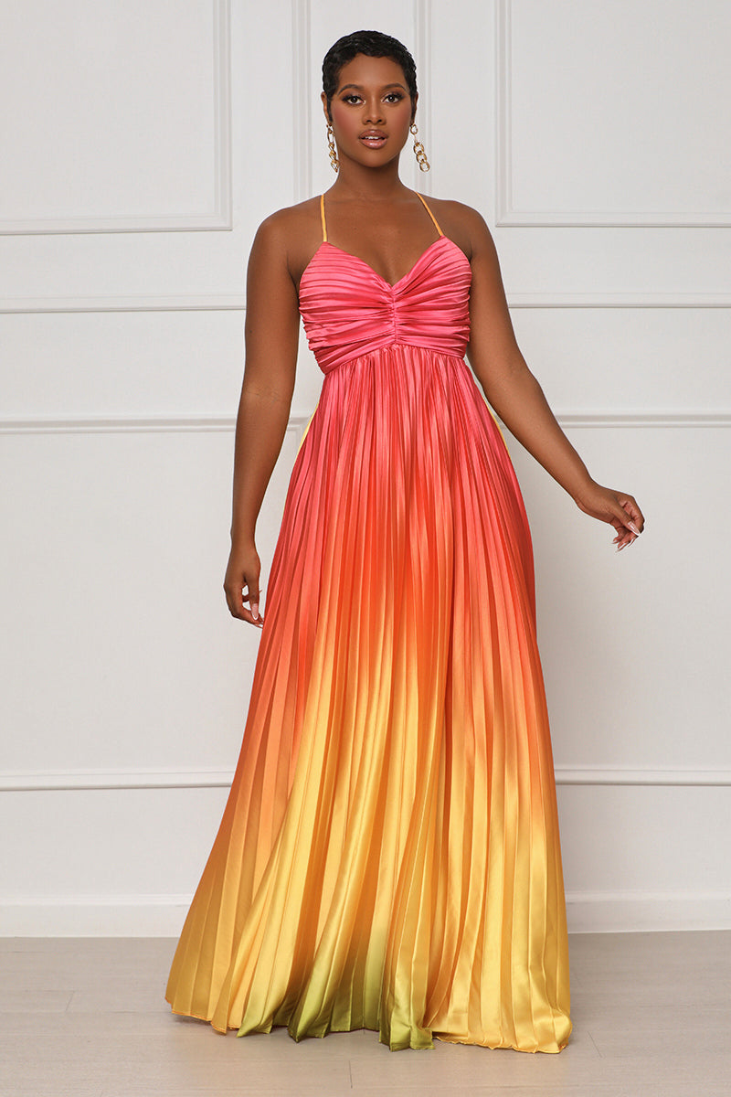 Rare Find Pleated Ombre Maxi Dress (Red Multi) - Lilly's Kloset
