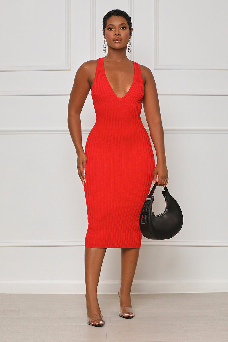 Just Enough V-Neck Ribbed Midi Dress (Red) - Lilly's Kloset