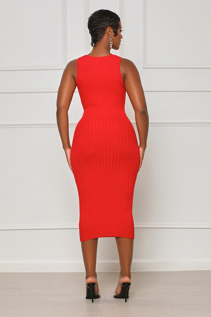 Just Enough V-Neck Ribbed Midi Dress (Red) - Lilly's Kloset