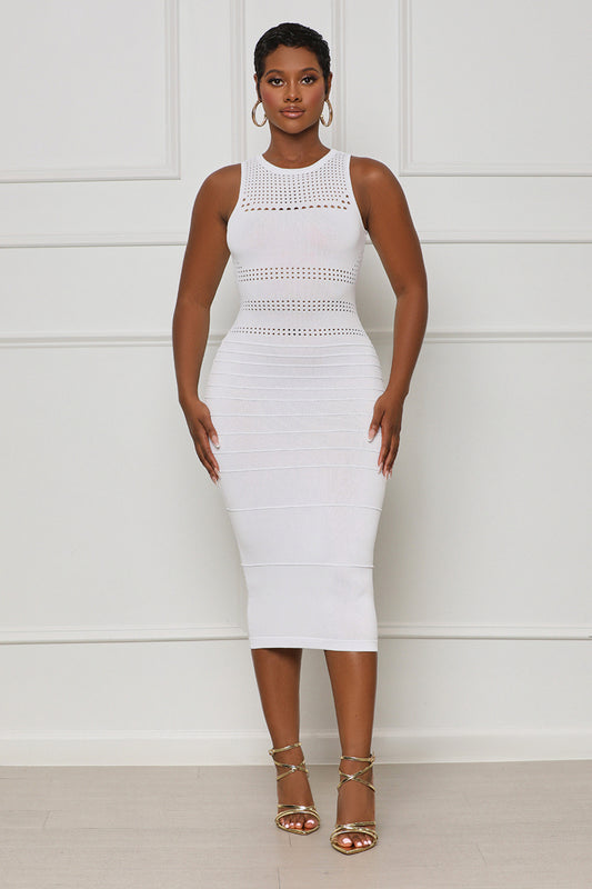 Pretty Snatched Ribbed Knit Midi Dress (White) - Lilly's Kloset