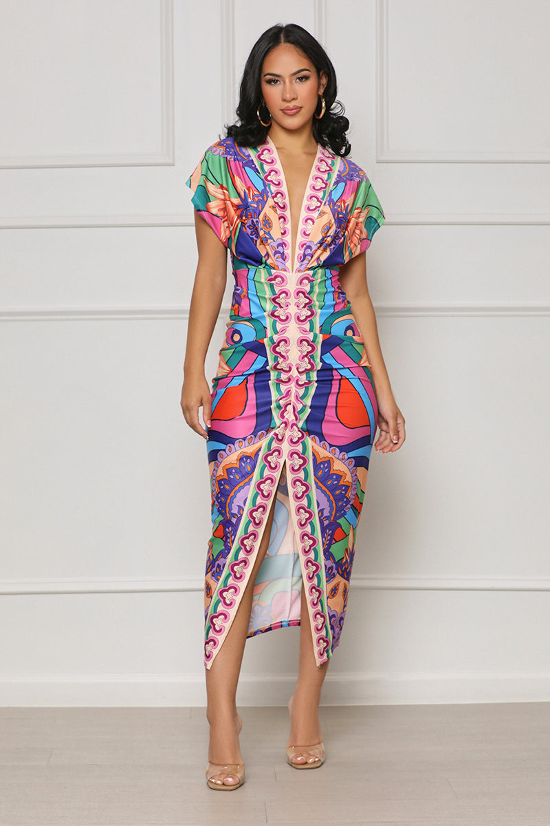 Caught In The Moment Geo Print Midi Dress (Pink Multi) - Lilly's Kloset