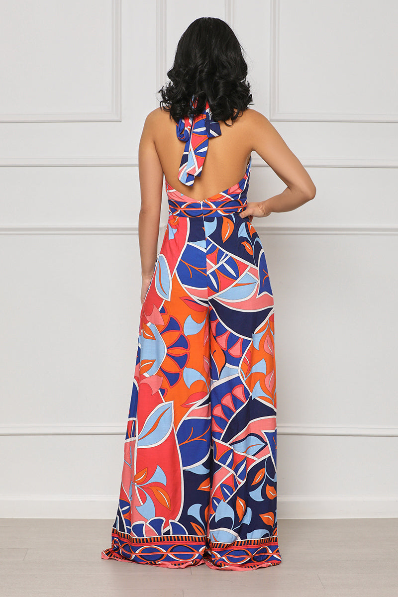 Living It Backless Jumpsuit (Blue Multi) - Lilly's Kloset