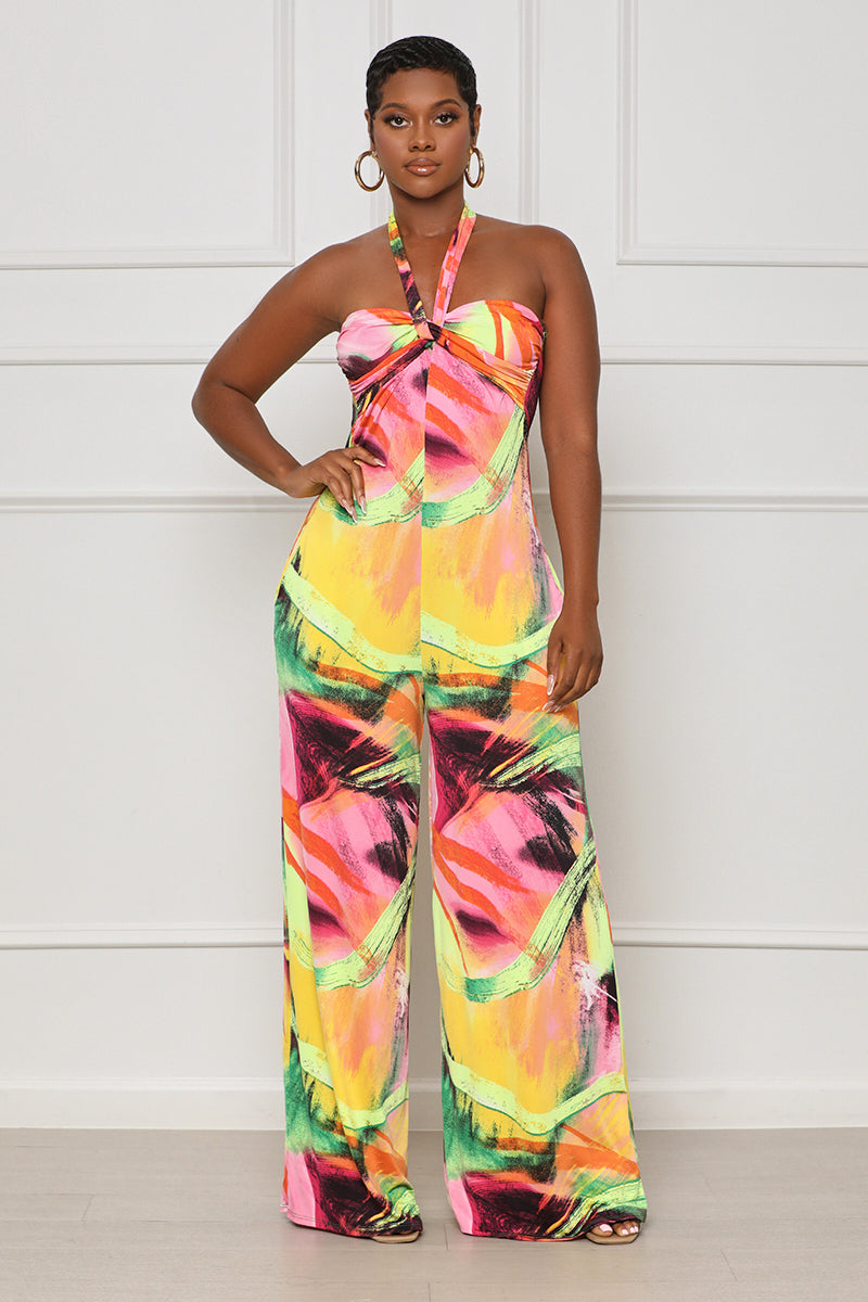 Tropical Times Halter Top Jumpsuit (Pink Multi) - Lilly's Kloset