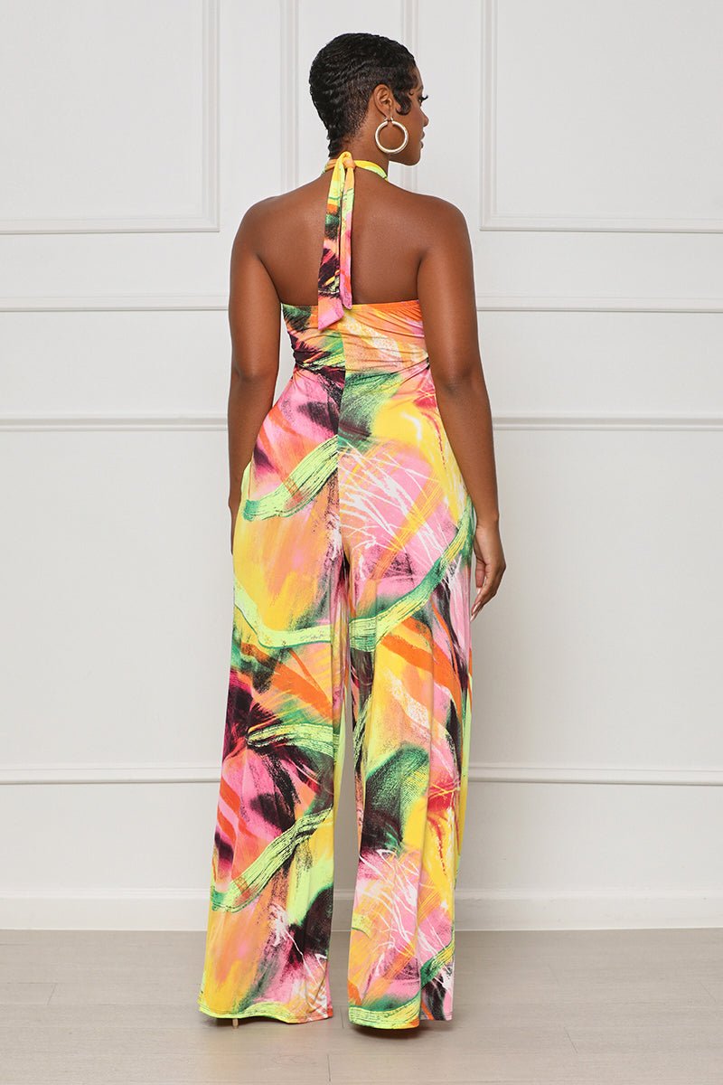 Tropical Times Halter Top Jumpsuit (Pink Multi) - Lilly's Kloset