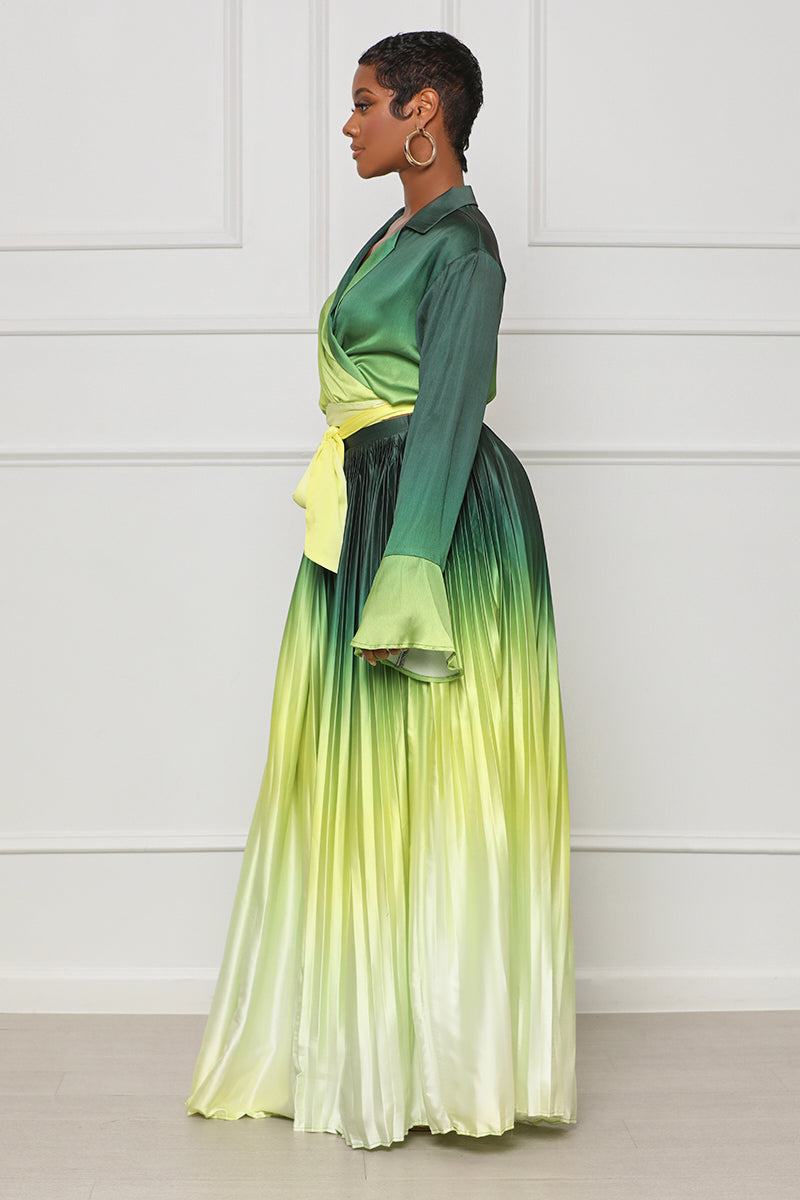 Nothing Basic Ombre Pleated Pants Set (Green Multi) - Lilly's Kloset