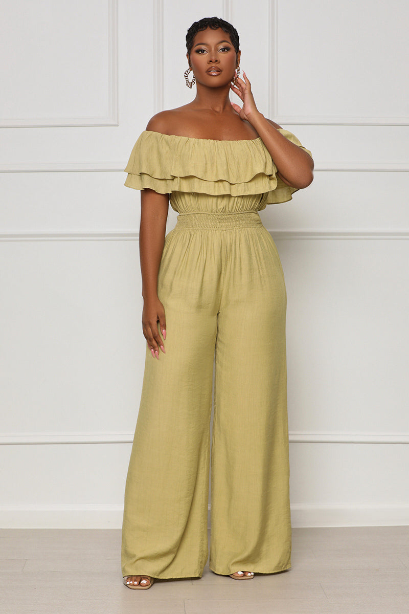 Show Me Around Off The Shoulder Jumpsuit (Green) - Lilly's Kloset