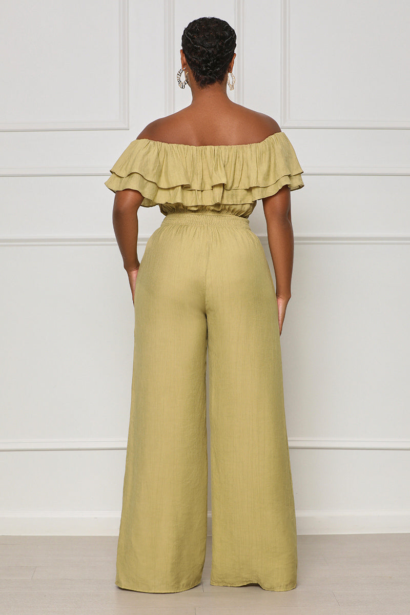 Show Me Around Off The Shoulder Jumpsuit (Green) - Lilly's Kloset