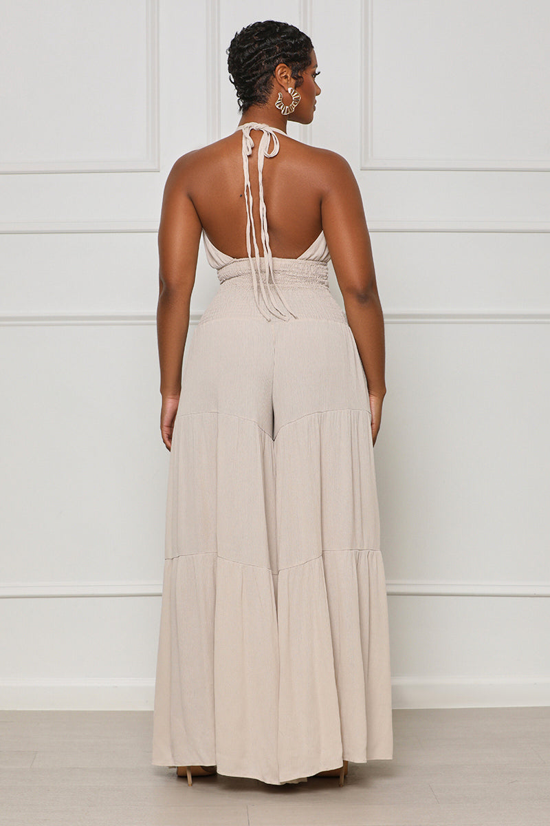 Enough Games Halter Jumpsuit (Taupe) - Lilly's Kloset