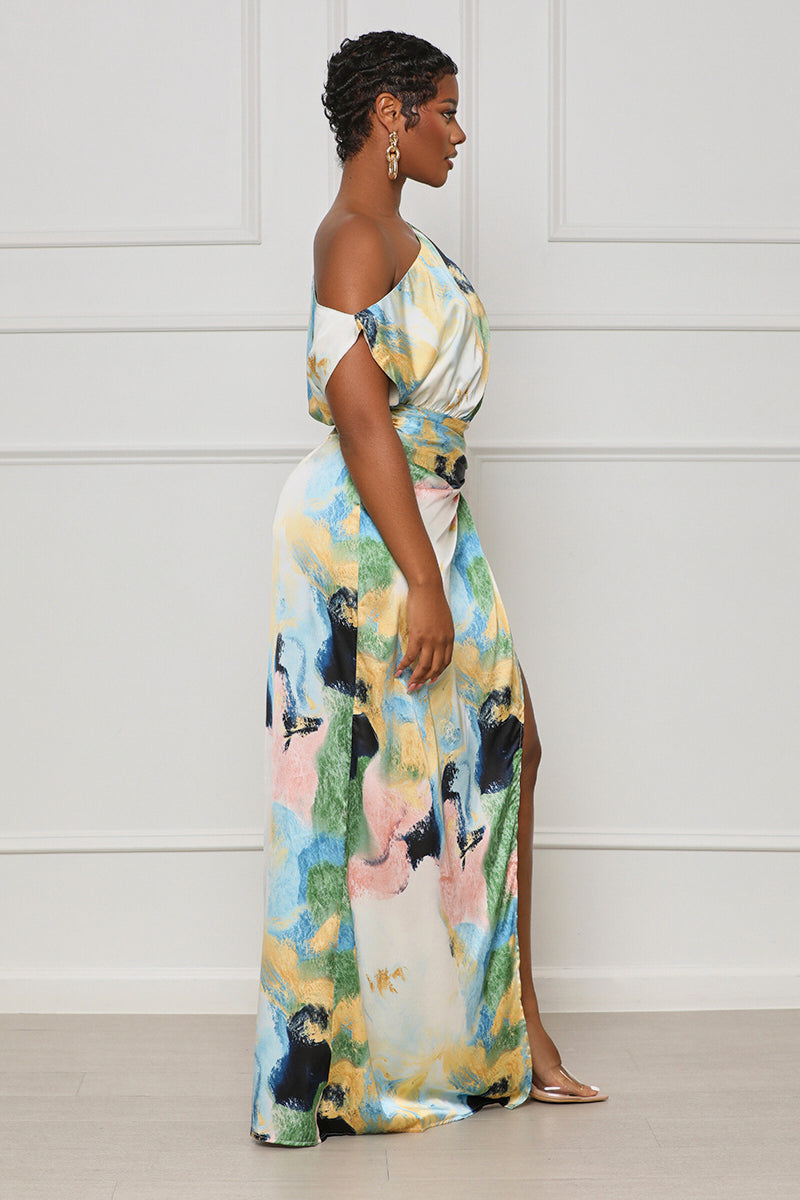 Evening Delight One Shoulder Maxi Dress (Blue Multi) - Lilly's Kloset