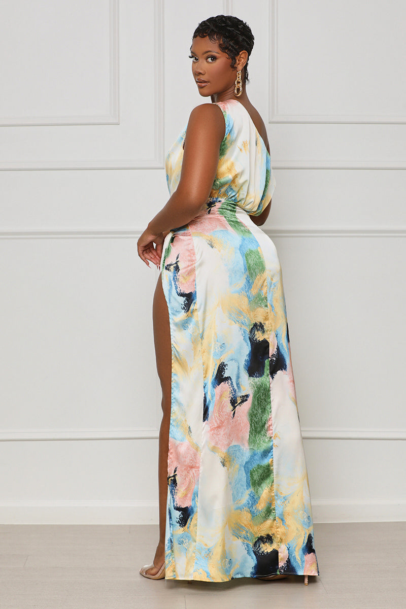 Evening Delight One Shoulder Maxi Dress (Blue Multi) - Lilly's Kloset