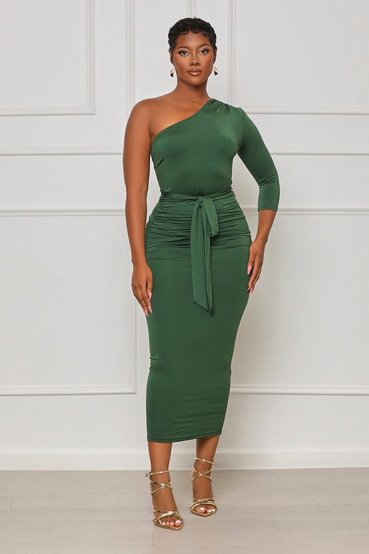 More To Desire One Shoulder Midi Dress (Green) - Lilly's Kloset