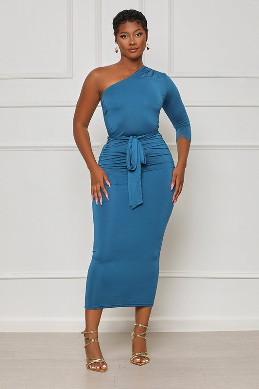 More To Desire One Shoulder Midi Dress (Blue) - Lilly's Kloset