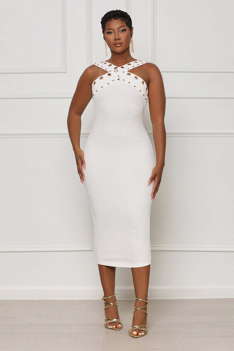 Divine Elegance Studded Midi Dress (White) - Lilly's Kloset