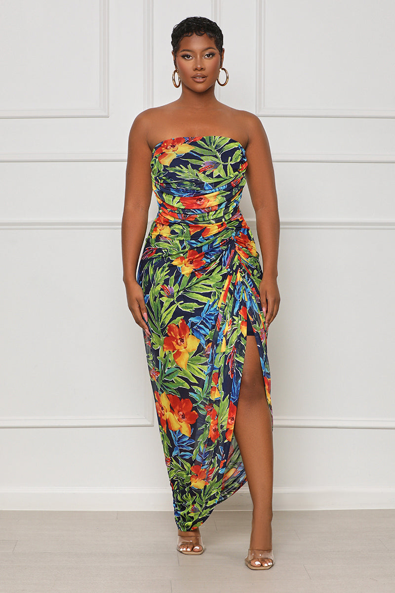 Next Beach Ruched Tropical Dress (Green Multi) - Lilly's Kloset