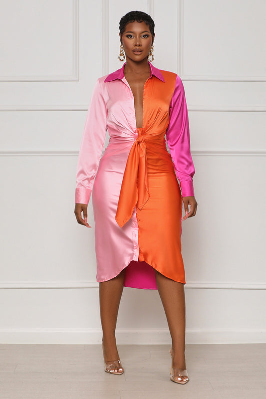 Always Bold Color Block Button Down Midi Dress (Pink Multi) - Lilly's Kloset