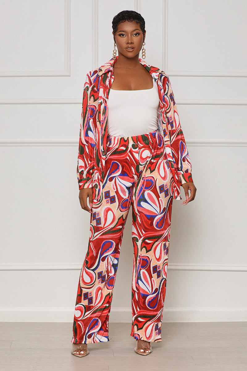 In A Haze Plisse Pants Set (Red Multi) - Lilly's Kloset