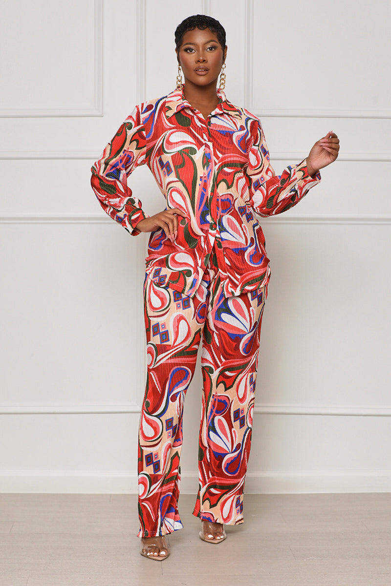 In A Haze Plisse Pants Set (Red Multi) - Lilly's Kloset