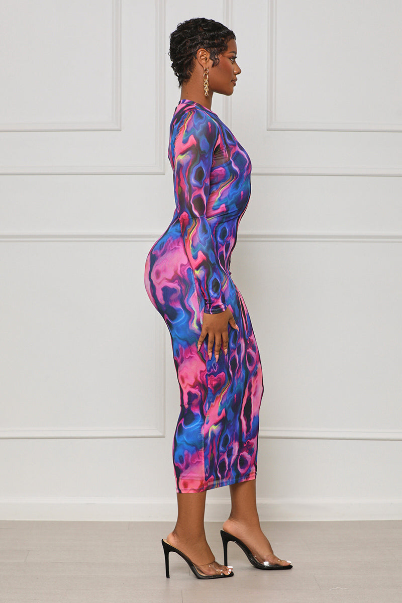 Causing Flames Abstract Mesh Dress (Pink Multi) - Lilly's Kloset