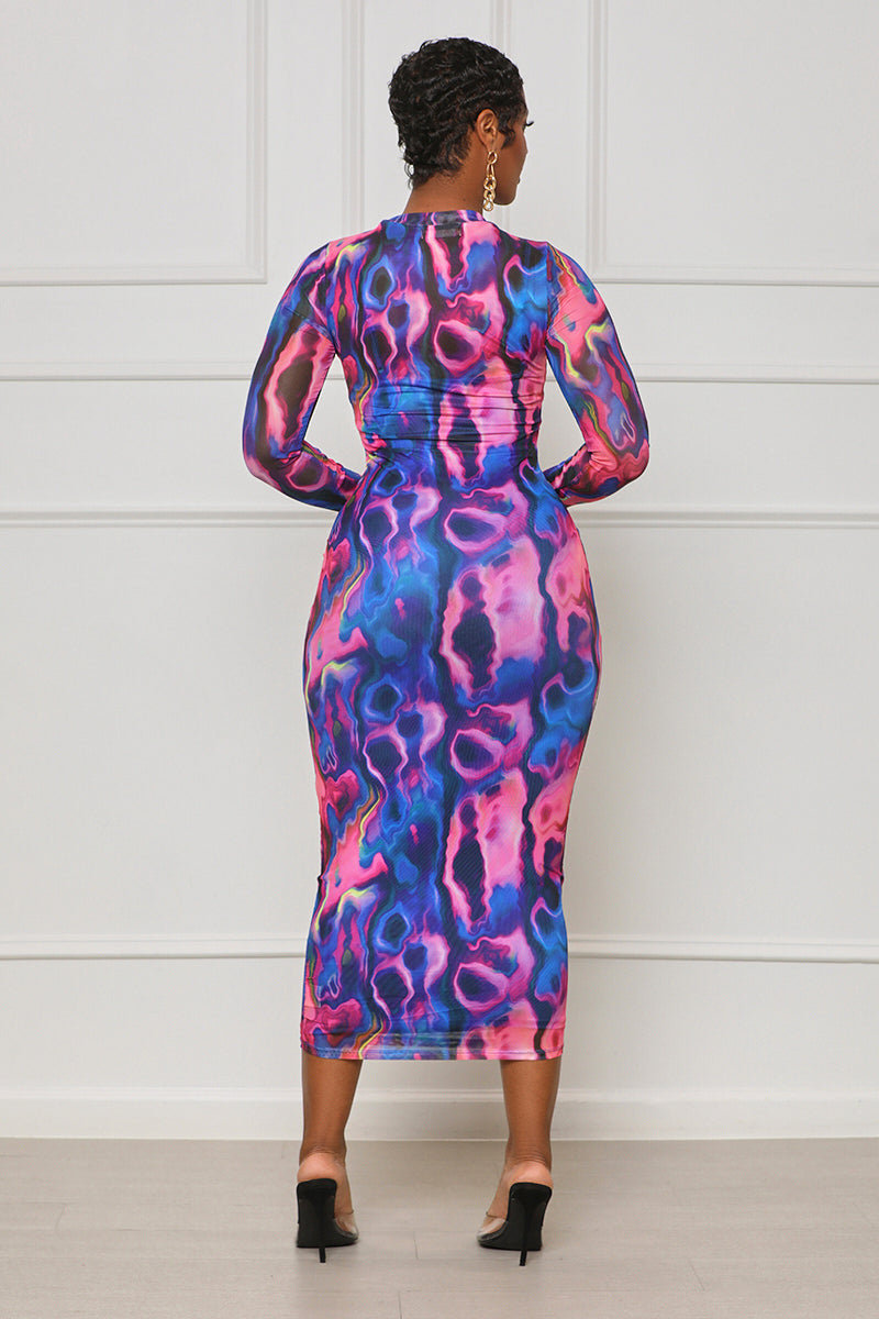 Causing Flames Abstract Mesh Dress (Pink Multi) - Lilly's Kloset