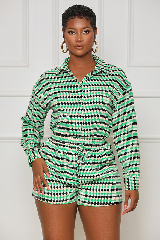 Weekend Muse Button Down Short Set (Green Multi) - Lilly's Kloset