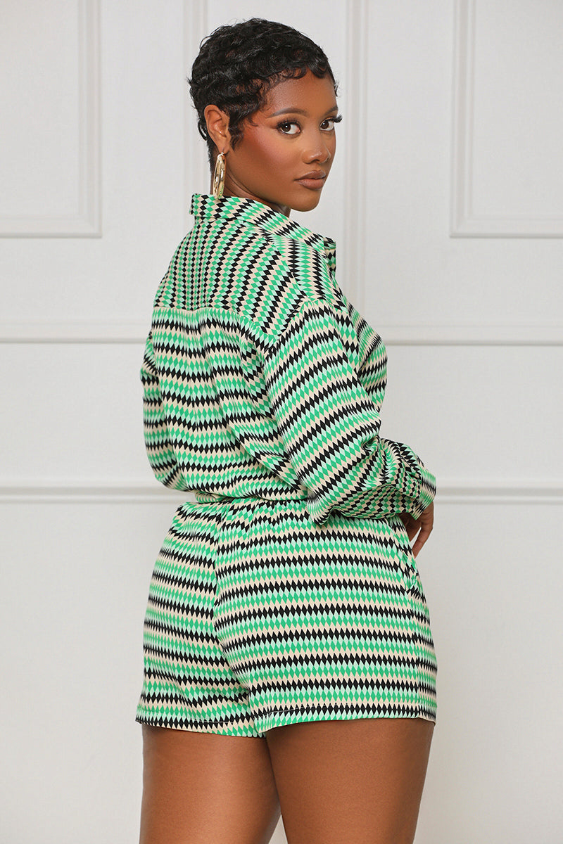 Weekend Muse Button Down Short Set (Green Multi) - Lilly's Kloset