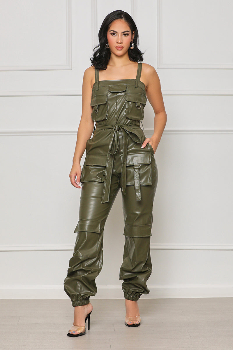 Been That Faux Leather Cargo Jumpsuit (Green) - Lilly's Kloset
