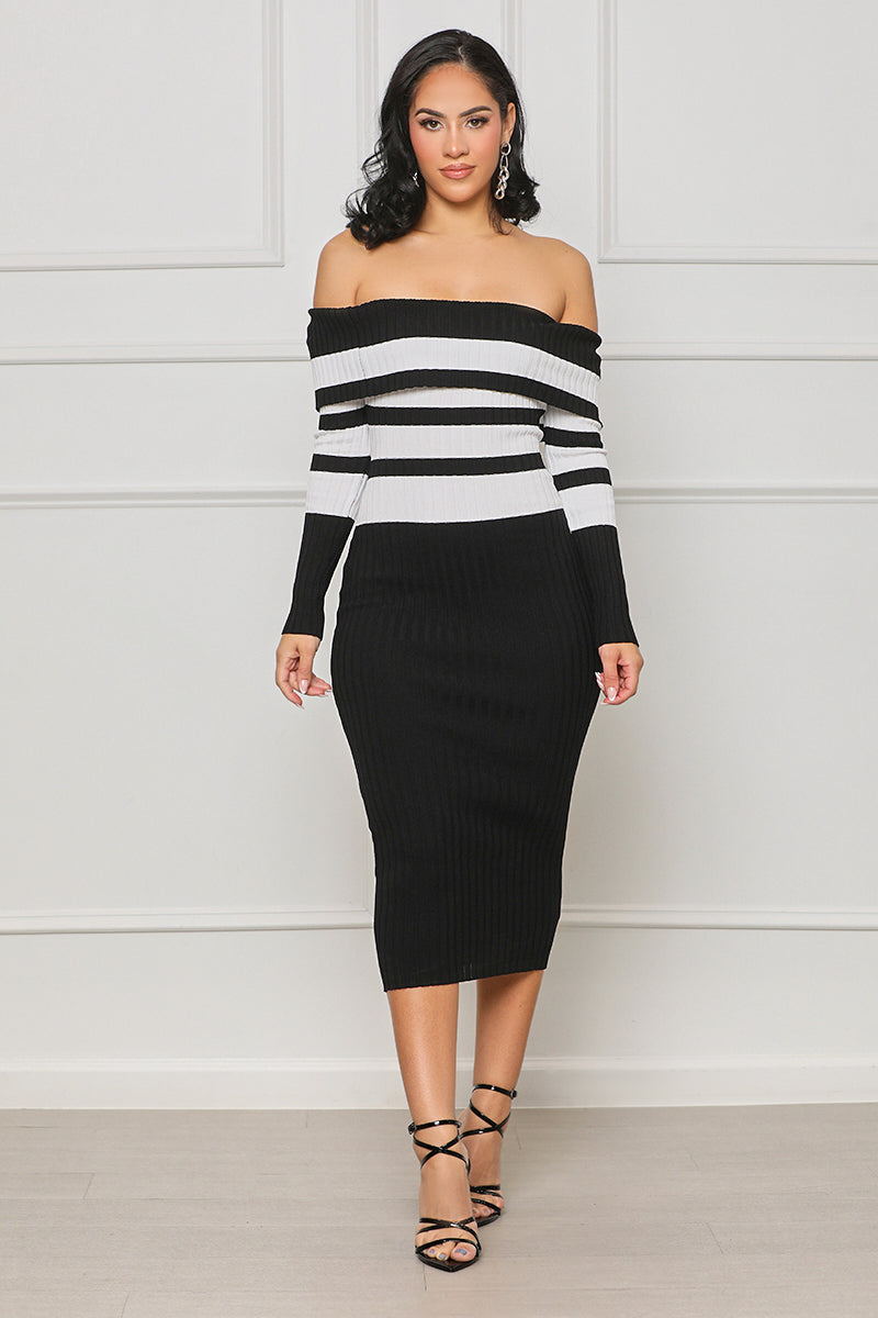 Chic Dates Off Shoulder Ribbed Knit Dress (White Multi) - Lilly's Kloset