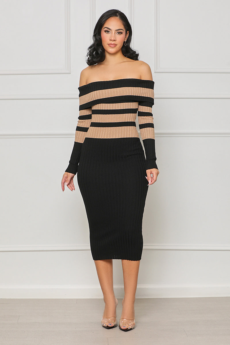Chic Dates Off Shoulder Ribbed Knit Dress (Tan Multi) - Lilly's Kloset