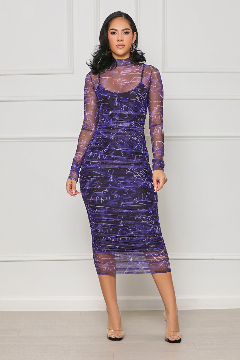Nights Out Mesh Midi Dress (Purple Multi) - Lilly's Kloset