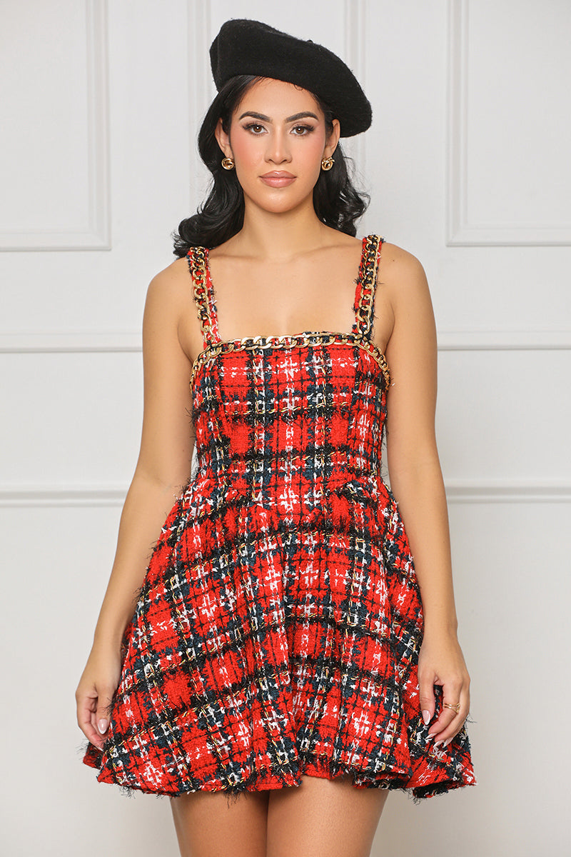 Fashion Avenue Tweed Babydoll Dress (Red Multi) - Lilly's Kloset