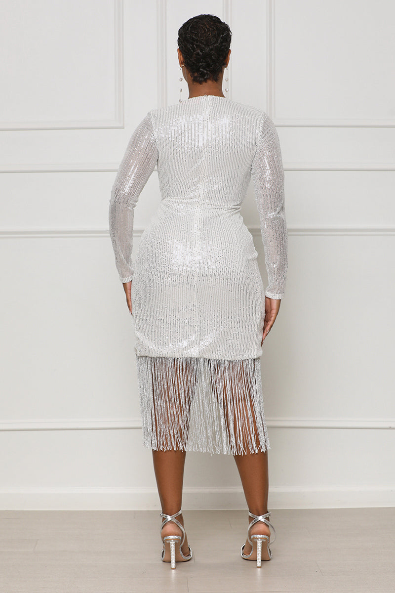 Grand Entrance Sequin Fringe Midi Dress (White Multi) - Lilly's Kloset
